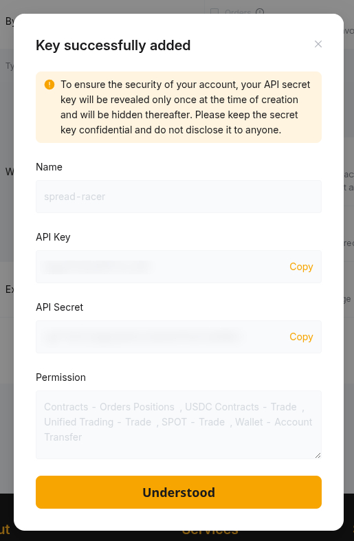 Созданный API-ключ и секрет.