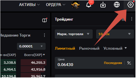 Иконка настроек в торговом интерфейсе Bybit.