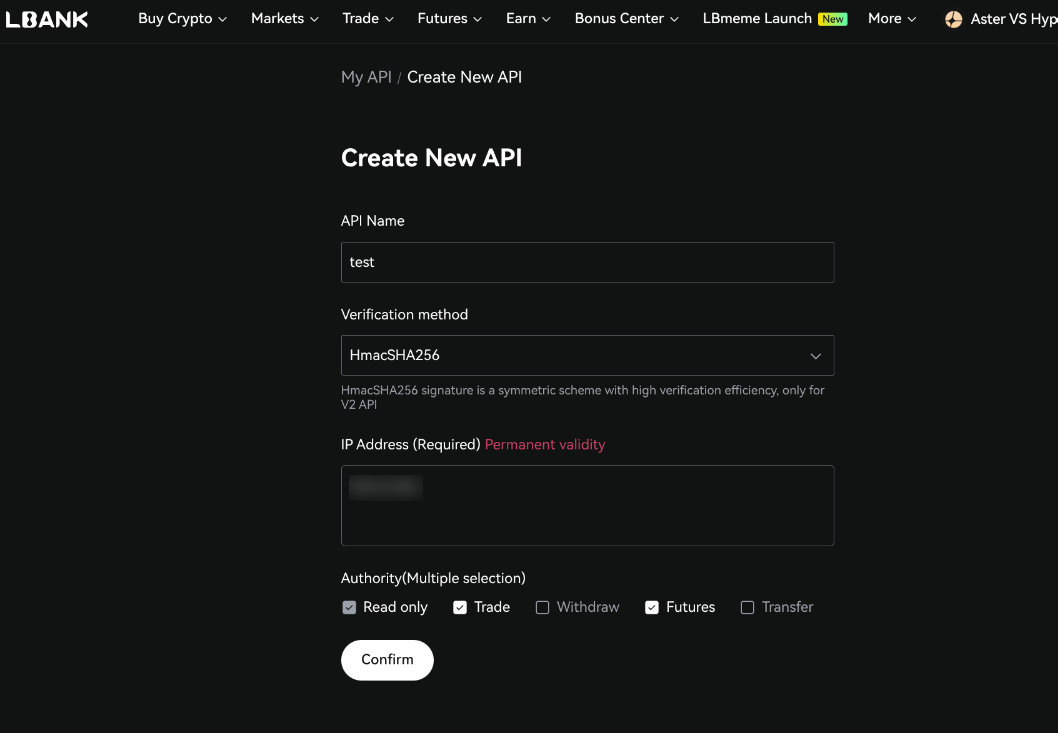 Создание API-ключа на LBank.