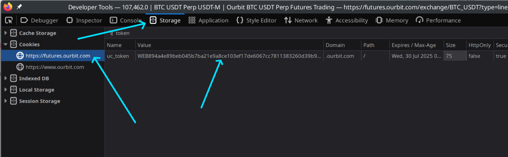 Поиск токена в Cookies Ourbit.